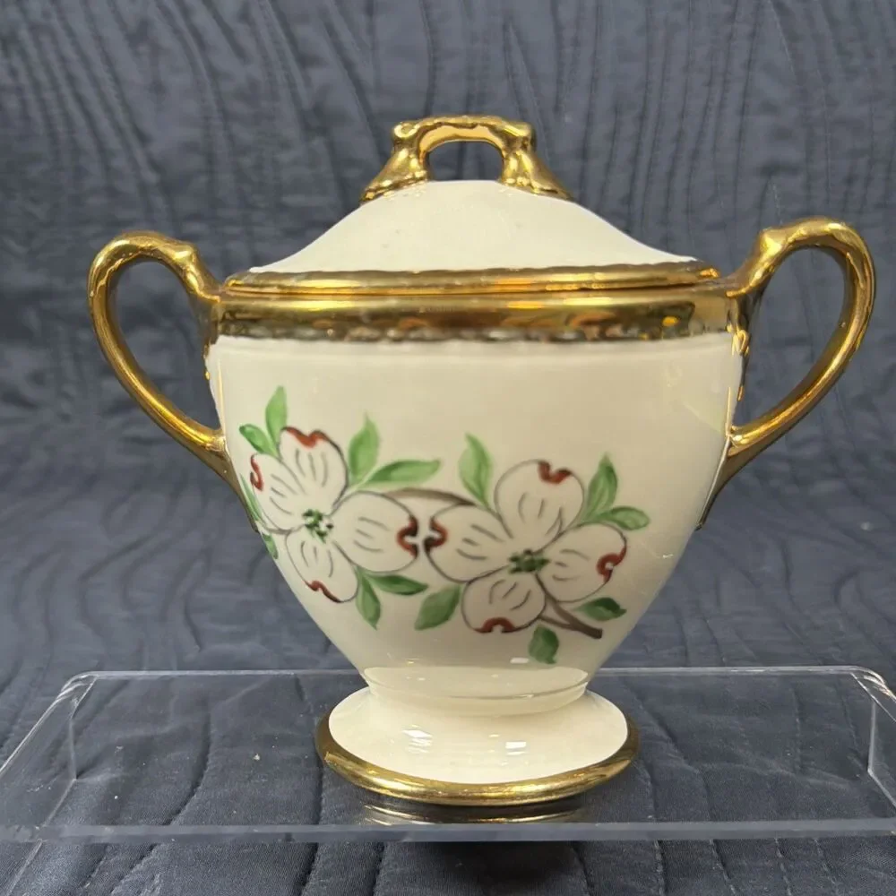 Vintage Porcelain Covered Sugar Bowl Dogwood Flowers Gold Trim Handles Lid